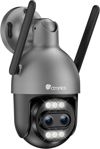 Ctronics Telecamera di Sorveglianza Esterna a Doppio Obiettivo 4K con Zoom Ibrido 10X, Inseguimento Automatico / Rilevamento di Persone/Veicoli/Animali, FTP e NVR