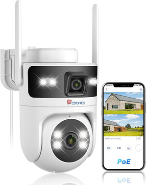Ctronics Telecamera WiFi Esterno PTZ Doppio Obiettivo 4MP, 2.4/5GHz, Auto Tracking Umano, Visione Notturna a Colori, IP66