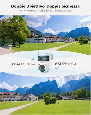 Ctronics Telecamera WiFi Esterno PTZ Doppio Obiettivo 4MP, 2.4/5GHz, Auto Tracking Umano, Visione Notturna a Colori, IP66