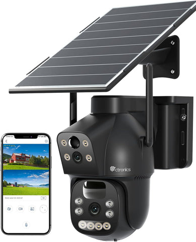 Ctronics 4G LTE Telecamera Solare Esterno con SIM Doppio Obiettivo, 15600mAh Batteria 8W Pannello Solare Telecamere senza Fili Dual-PIR Rilevamento Umano Visione Notturna PC/Cloud/IP66-NO WiFi