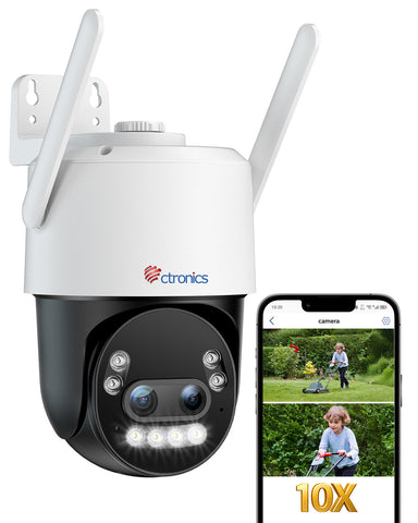 Ctronics Telecamera di Sorveglianza Esterna 4K con Zoom Ibrido 10X, Rilevamento di Persone/Veicoli/Animali, Visione Notturna a Colori 8MP, Wi-Fi 2,4/5 GHz, Metallica