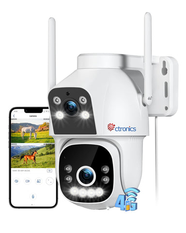 Ctronics 4G LTE Telecamera Esterna con SIM – Doppio Obiettivo e Rilevamento Umano, con Visione Notturna a Colori, Audio Bidirezionale e Allarme