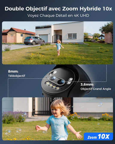 Ctronics Telecamera di Sorveglianza Esterna 4K con Zoom Ibrido 10X, Rilevamento di Persone/Veicoli/Animali, Visione Notturna a Colori 8MP, Wi-Fi 2,4/5 GHz, Metallica