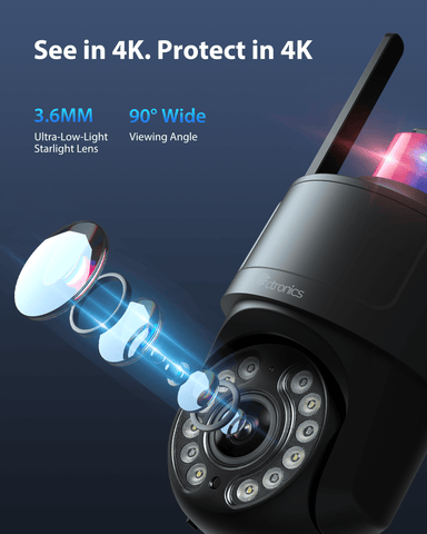 Ctronics Telecamera di Sorveglianza WiFi 4K per Esterni, Visione Notturna a Colori, Rilevamento di Movimento, Sirena