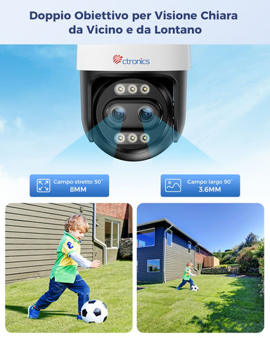 Ctronics Telecamera di Sorveglianza Esterna a Doppio Obiettivo 4K con Zoom Ibrido 10X, Inseguimento Automatico / Rilevamento di Persone/Veicoli/Animali, FTP e NVR