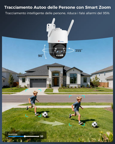 Ctronics Telecamera di Sorveglianza Esterna 4K con Zoom Ibrido 10X, Rilevamento di Persone/Veicoli/Animali, Visione Notturna a Colori 8MP, Wi-Fi 2,4/5 GHz, Metallica