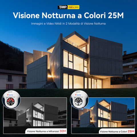 5MP PTZ Telecamera WiFi Esterno 2,4/5 GHz WiFi Videocamera Sorveglianza con Visione Notturna a Colori 25M