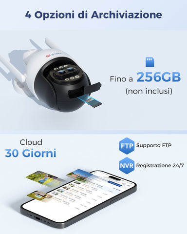 Ctronics Telecamera di Sorveglianza Esterna a Doppio Obiettivo 4K con Zoom Ibrido 10X, Inseguimento Automatico / Rilevamento di Persone/Veicoli/Animali, FTP e NVR