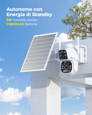 Ctronics 4G LTE Telecamera Solare Esterno con SIM Doppio Obiettivo, 15600mAh Batteria 8W Pannello Solare Telecamere senza Fili Dual-PIR Rilevamento Umano Visione Notturna PC/Cloud/IP66-NO WiFi