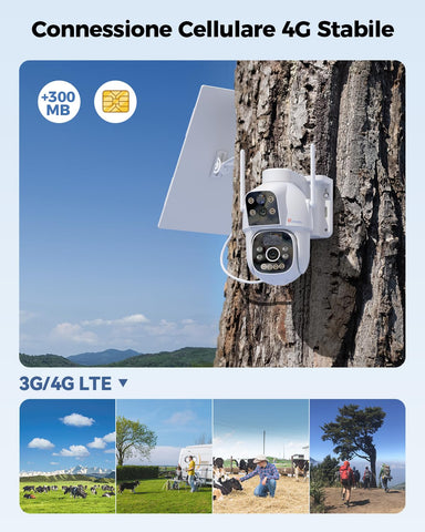Ctronics 4G LTE Telecamera Solare Esterno con SIM Doppio Obiettivo, 15600mAh Batteria 8W Pannello Solare Telecamere senza Fili Dual-PIR Rilevamento Umano Visione Notturna PC/Cloud/IP66-NO WiFi