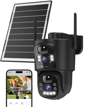 Telecamera di Sorveglianza WiFi da Esterno Ctronics con Doppio Obiettivo, Senza Fili, WiFi 2.4/5GHz, Pannello Solare da 8W e Batteria da 10400mAh, Doppio Sensore PIR, Visione Notturna a Colori, 128GB TF/Cloud/PC, IP66