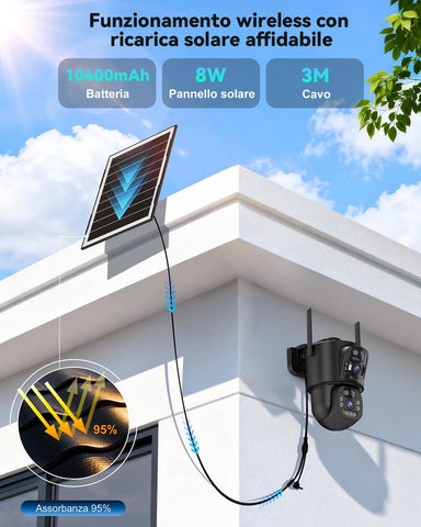 Telecamera di Sorveglianza WiFi da Esterno Ctronics con Doppio Obiettivo, Senza Fili, WiFi 2.4/5GHz, Pannello Solare da 8W e Batteria da 10400mAh, Doppio Sensore PIR, Visione Notturna a Colori, 128GB TF/Cloud/PC, IP66