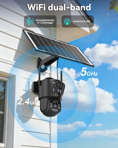 Telecamera di Sorveglianza WiFi da Esterno Ctronics con Doppio Obiettivo, Senza Fili, WiFi 2.4/5GHz, Pannello Solare da 8W e Batteria da 10400mAh, Doppio Sensore PIR, Visione Notturna a Colori, 128GB TF/Cloud/PC, IP66