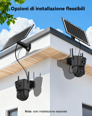 Telecamera di Sorveglianza WiFi da Esterno Ctronics con Doppio Obiettivo, Senza Fili, WiFi 2.4/5GHz, Pannello Solare da 8W e Batteria da 10400mAh, Doppio Sensore PIR, Visione Notturna a Colori, 128GB TF/Cloud/PC, IP66