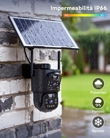 Telecamera di Sorveglianza WiFi da Esterno Ctronics con Doppio Obiettivo, Senza Fili, WiFi 2.4/5GHz, Pannello Solare da 8W e Batteria da 10400mAh, Doppio Sensore PIR, Visione Notturna a Colori, 128GB TF/Cloud/PC, IP66
