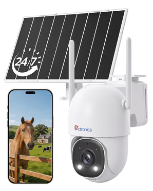Ctronics Telecamera di Sorveglianza Inseguimento Automatico 30m, AOV Solare 4G 24/7 | Pannello Solare 8W, Batteria 13500mAh, Scheda SIM Inclusa, Visione Notturna, Rilevamento Umano