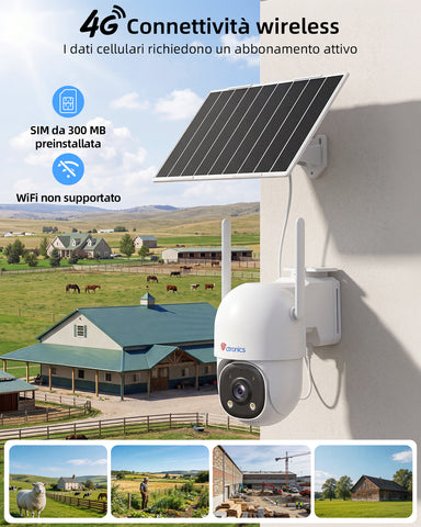 Ctronics Telecamera di Sorveglianza Inseguimento Automatico 30m, AOV Solare 4G 24/7 | Pannello Solare 8W, Batteria 13500mAh, Scheda SIM Inclusa, Visione Notturna, Rilevamento Umano