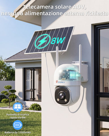 Ctronics Telecamera di Sorveglianza Inseguimento Automatico 30m, AOV Solare 4G 24/7 | Pannello Solare 8W, Batteria 13500mAh, Scheda SIM Inclusa, Visione Notturna, Rilevamento Umano
