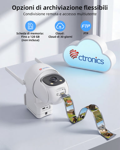 Ctronics Telecamera di Sorveglianza Inseguimento Automatico 30m, AOV Solare 4G 24/7 | Pannello Solare 8W, Batteria 13500mAh, Scheda SIM Inclusa, Visione Notturna, Rilevamento Umano